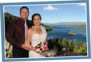 Bride and groom at Emerald Bay with Fannette Island in the background