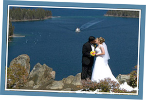 Kissing couple on the bluff of Emerald Bay