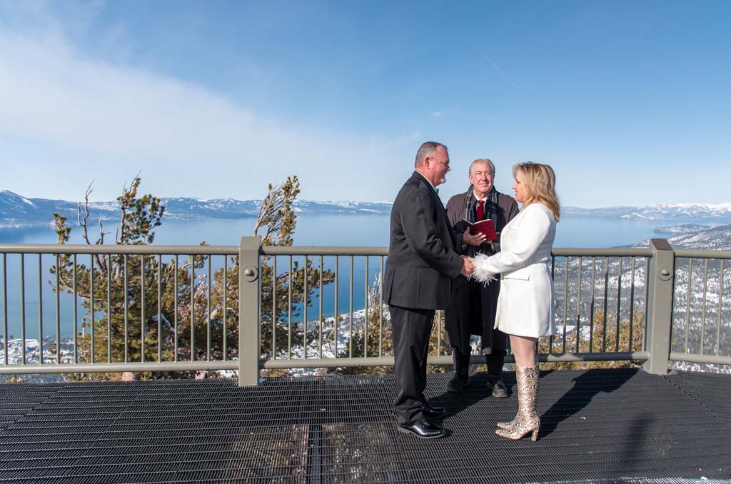 Bride and groom have their celebration on the observation deck at Heavenly Mountain Resort