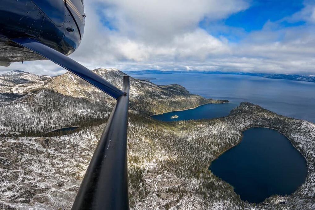 Aerial view of Lake Tahoe taken from a helicopter as it flies over the lake