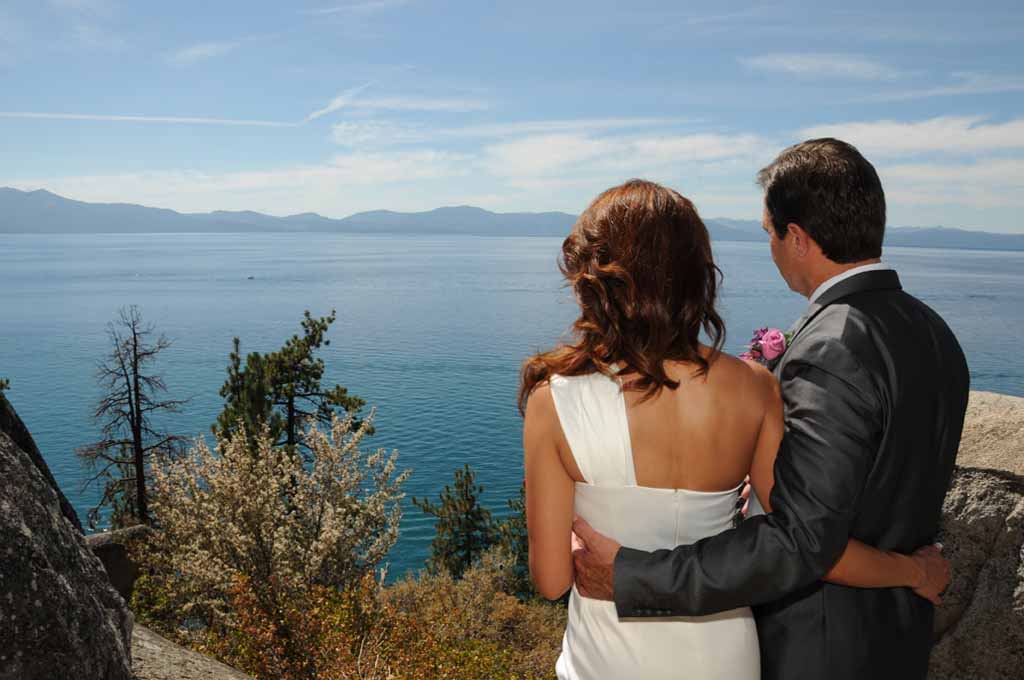 Newly married couple enjoy panoramic view of Lake Tahoe
