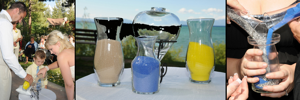 Photos of sand ceremony and family blending sand containers