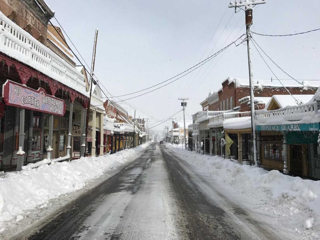 Winter scene of Virginia City in Nevada
