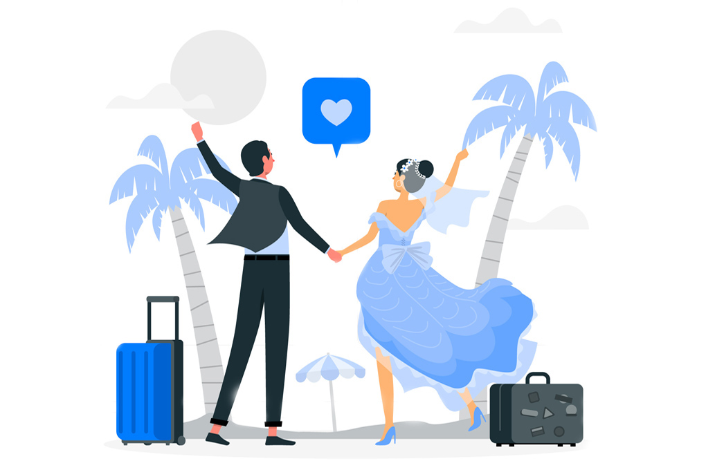 Cartoon image depicting bride and groom arriving at their destination wedding site