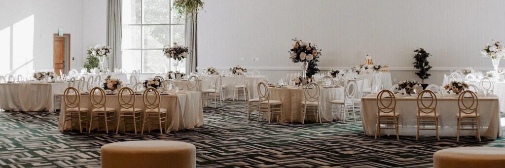 Reception hall is setup for a celebration at the Everline Resort
