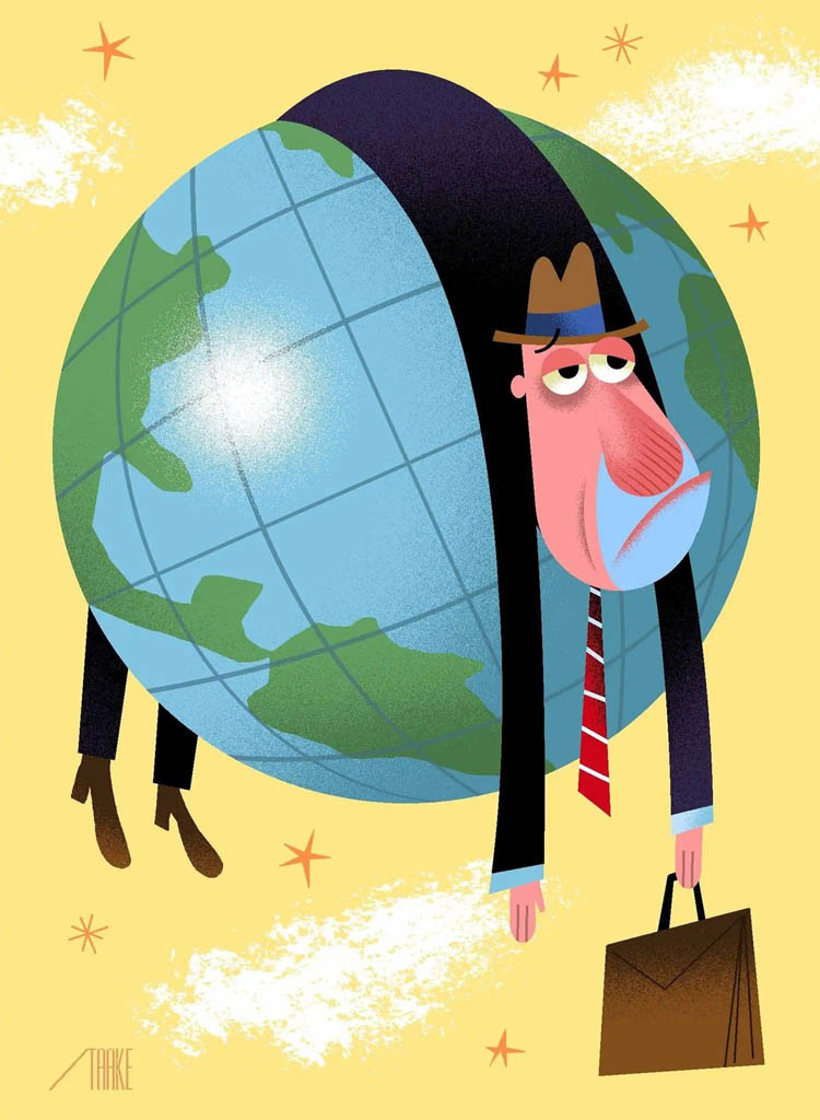 A cartoon figure of a man with a facial expression of depleted energy wrapped around a globe of the world