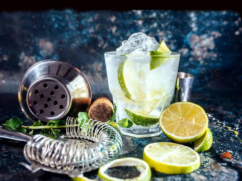 Gin and tonic glass and mixing utensils