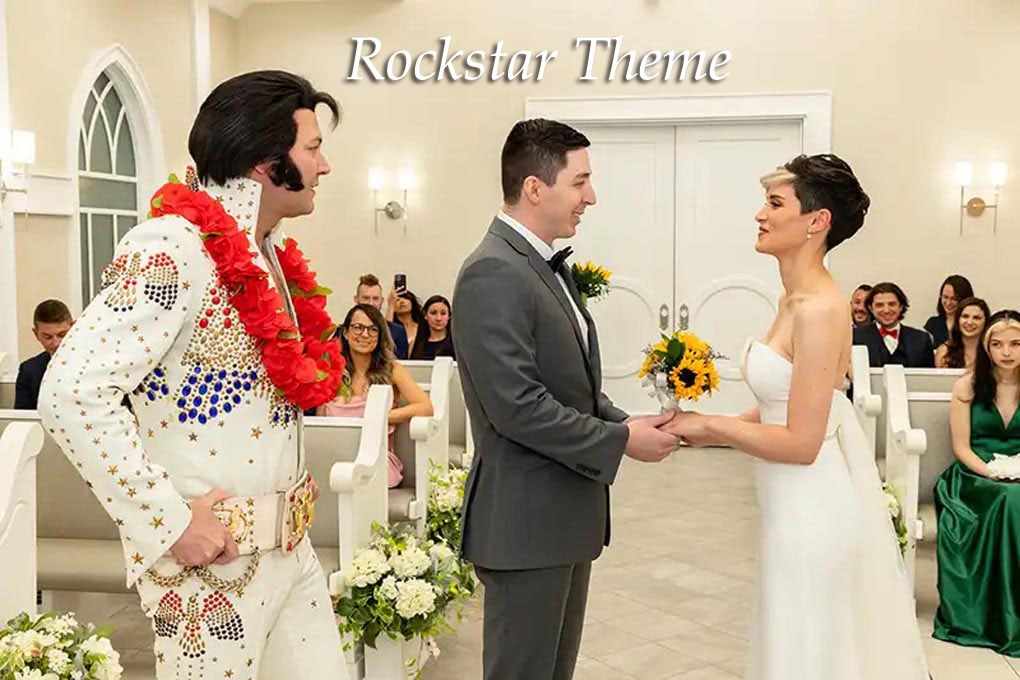 An Elvis look-alike watches a couple exchange vows