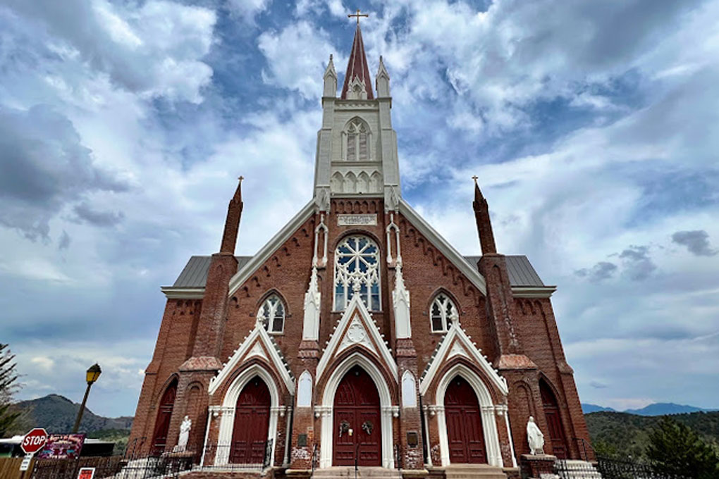 Outside view of the front of the church in Virginia City