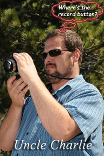 A confused man is holding a camera