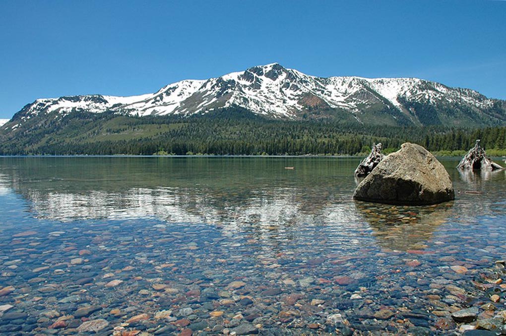 Image of lake with snow-capped Mount Tallac in the background