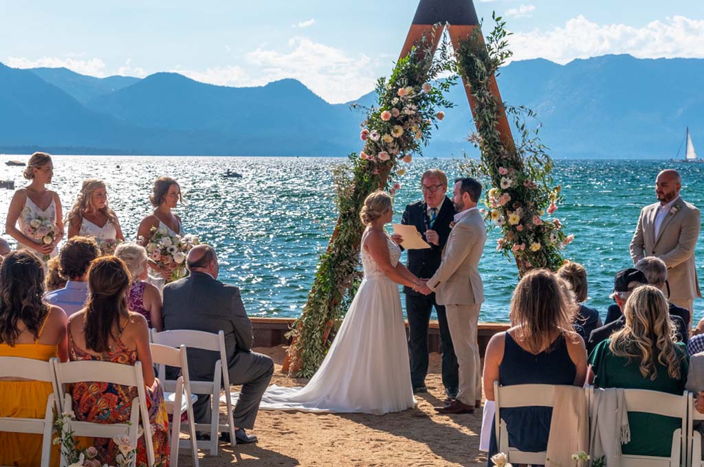 Wedding in progress at The Arch at Lakeside Beach in South Lake Tahoe