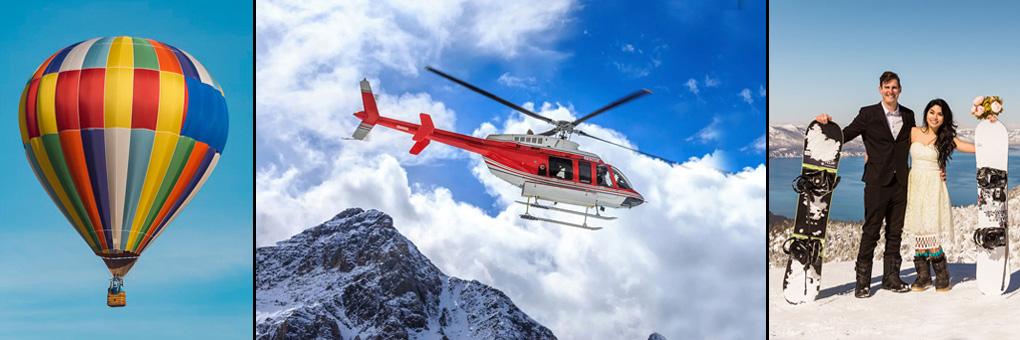 Photo montage of an airborne hot air balloon and helicopter and newlywed snowboarders