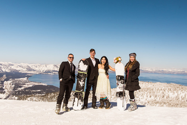 The bridal party poses on Heavenly Mountain after the wedding ceremony