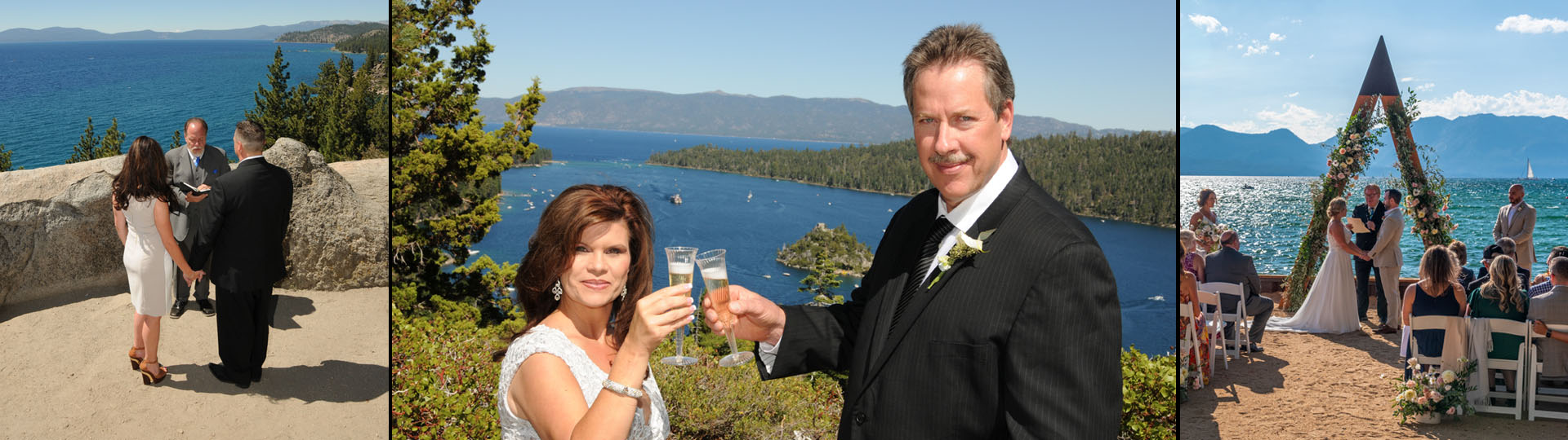 Photo montage of several brides and grooms celebrating their special day at popular wedding locations in Lake Tahoe.