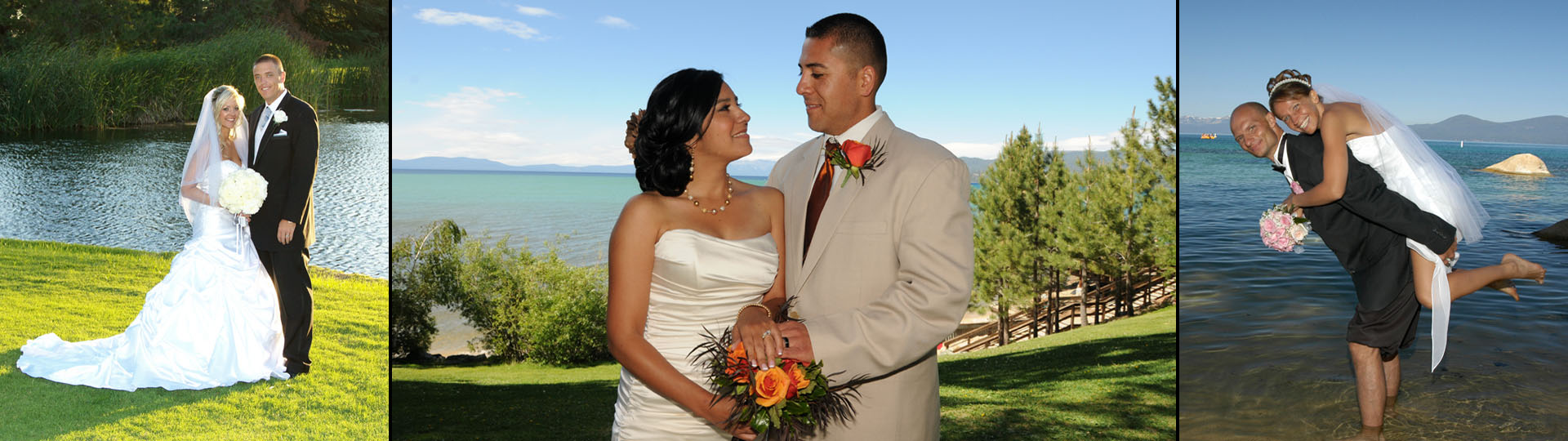 Photo montage of various couples at several different wedding locations.