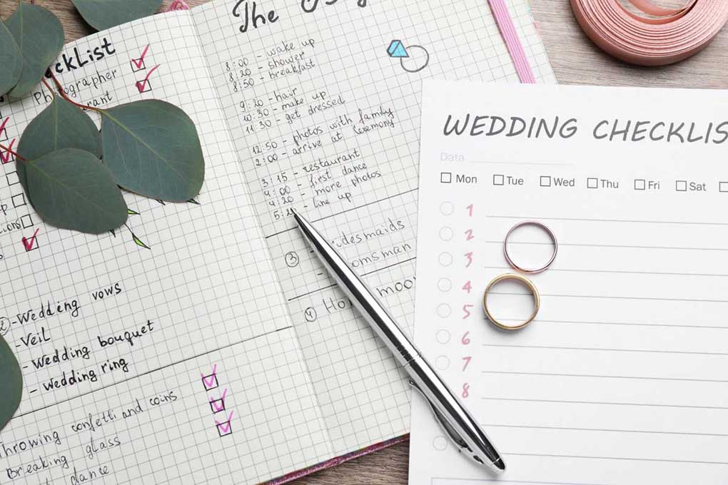Checklist containing the scheduling of the various aspects of the wedding day.