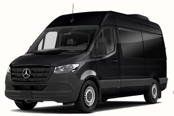 A black Mercedes shuttle bus is shown.